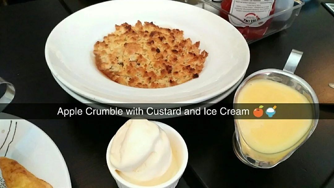 apple crumble with custard and ice cream