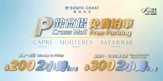 <p>星期一至五: 顧客凡於Monterey Place或Capri Place或Savannah Place商場內消費每滿HK$200或以上，可於即日內享有Monterey Place或Capri Place或Savannah Place地庫停車場2小時免費泊車優惠(每日最多可享2小時免費泊車優惠)。</p><p>星期六、日及公眾假期: 顧客凡於Monterey Place或Capri Place或Savannah Place商場內消費每滿HK$300或以上，可於即日內享有Monterey Place或Capri Place或Savannah Place地庫停車場2小時免費泊車優惠(每日最多可享2小時免費泊車優惠)。</p><p>每次換領最多可用3張由Monterey Place或Capri Place或Savannah Place商戶發出的電子收據。每張有效之收據只適用於一部車輛。</p>