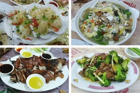 蒜蓉粉丝蒸扇贝,炭烧乳猪, 金银蛋西洋菜, 西蘭花炒牛肉