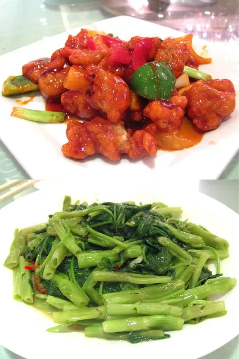 菠蘿生炒骨 $58（上）、椒絲腐乳通菜 $58（下）