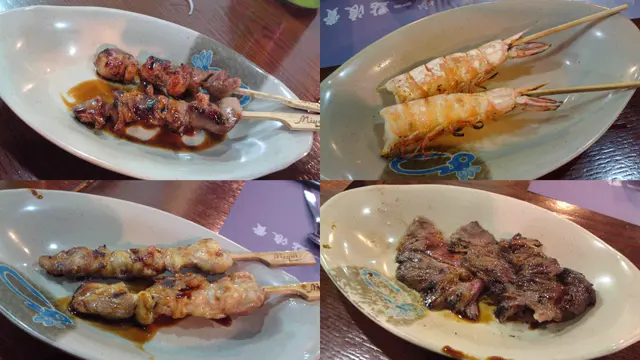 燒雞腎, 牛油燒虎蝦, 沙沙雞串, 牛肉薄燒