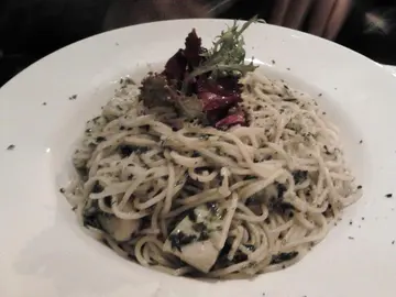 Pan-fried scallop on pesto angel hair
