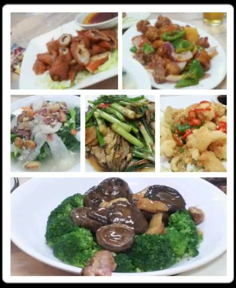 炸大腸、咕嚕肉、上湯菜心苗、薑蔥3蠔、椒鹽鮮魷、西蘭花菇