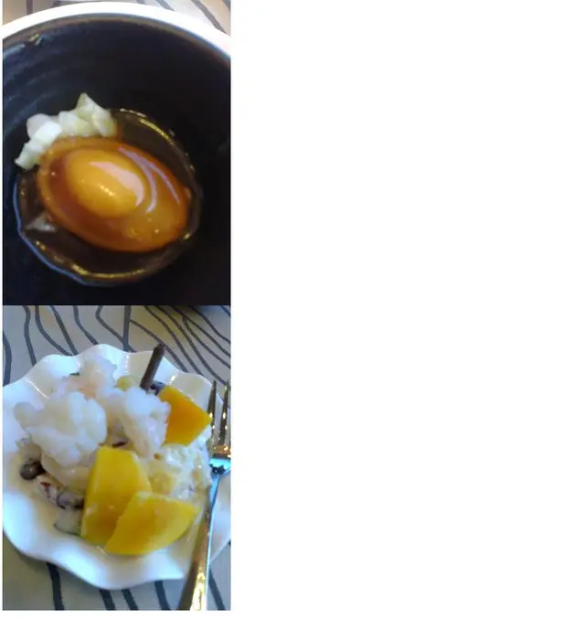 上圖：蜜餞鮮鮑魚；下圖：香芒什果淡水龍蝦沙律