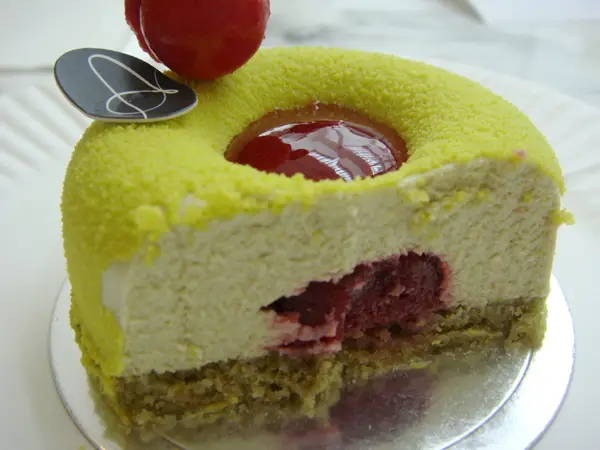 pistachio mousse with sour cherry jelly