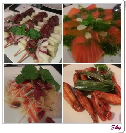 招牌脆炸單骨雞翼, 薄切三文魚片配泰式辣汁, 泰式辣汁青瓜沙律, 特色家鄉羊肉串