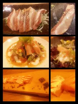 赤睦刺身、劍魚腩青柚子三文魚籽海草沙律、鮭腩刺身