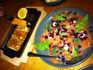 Ouzo marinated salmon and grilled cheese