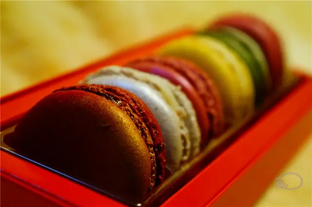 一盒六個的 Macarons 整齊地安放在包裝盒中，光是鮮艷的顏色和小巧的外觀就令人非常心動。