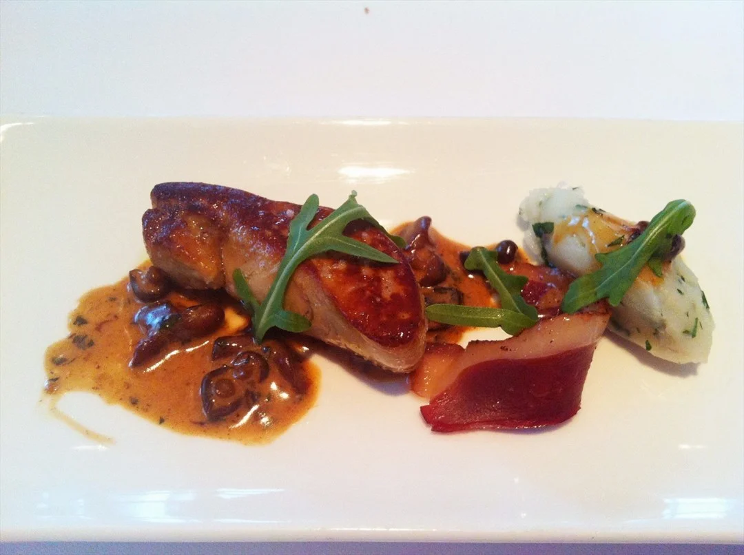 the seared goose liver and smoked duck breast with mashed