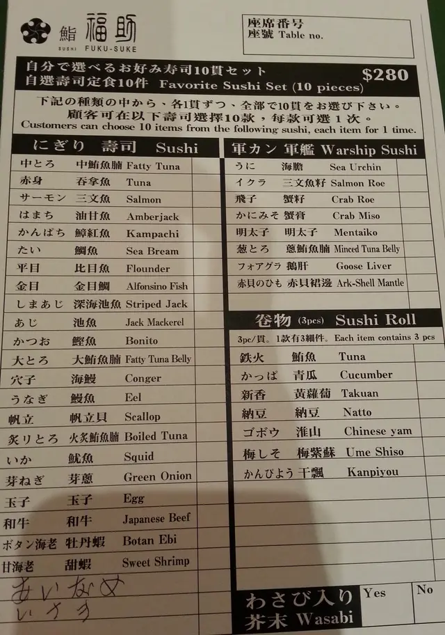 自選10件壽司的menu
