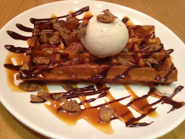 Premium waffle - chocolate sauce, salted butter, caramel, almonds, vanilla ice-cream