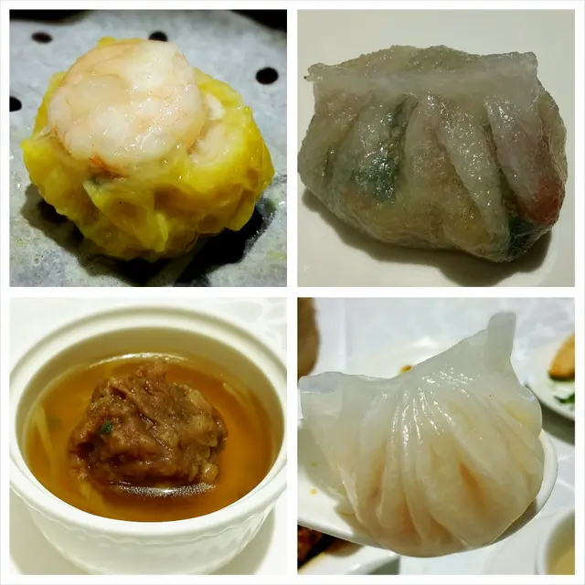 北菇蒸燒賣，潮州蒸粉果，高湯牛肉球，荀尖鮮蝦餃
