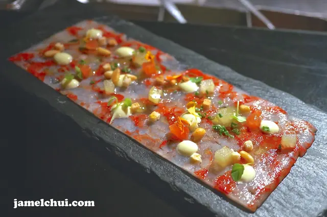 Red Prawn Carpaccio, Ajoblanco, Apple and Pine Nuts