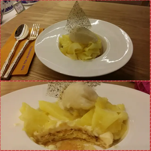 苿莉花茶sorbet 配以新鮮菠蘿薄片, 再加上椰子cream同puff pastry, 口感層次豐富。