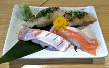 火炙左口魚邊壽司 - $48, 三文魚腩壽司 - $38