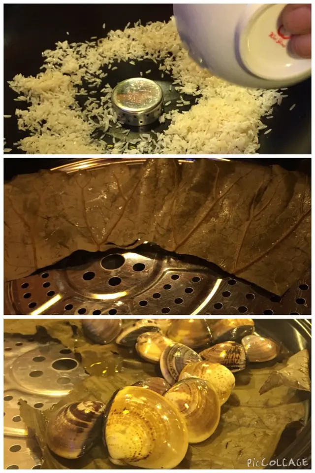 還是第一次食蒸餾海鮮，感覺很有趣，店員先在鍋底放上白米，加上蒸架及荷葉，便可開始蒸海鮮。店員還細心提醒我們，要把食物放在荷葉上蒸。