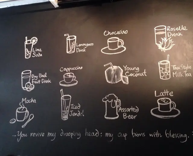 黑板上好像用了白色粉筆畫上特式飲品圖案