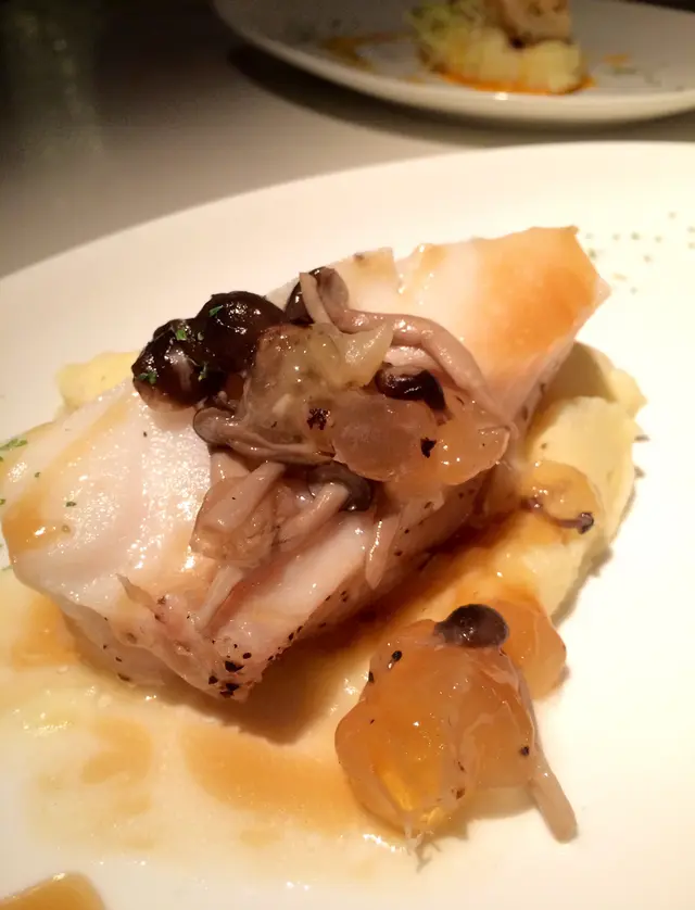 Pan-sealed Antarctic Ocean Wild Caught Chilean Sea Bass Filet, Honey Locust Fruit & Shimiji Mushroom