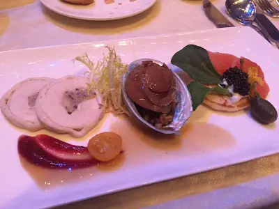 Drunken Abalone with 5-gains Rice with Smoked Salmon and Turkey Roulade