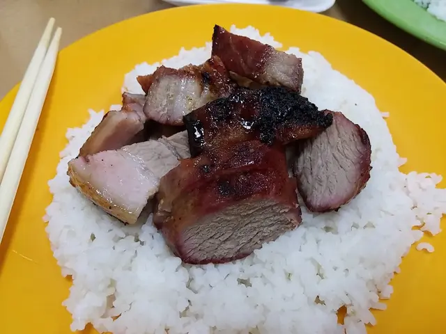 叉燒飯上疊滿切得頗厚身的叉燒，而非薄得要讚師傅好刀工的產物