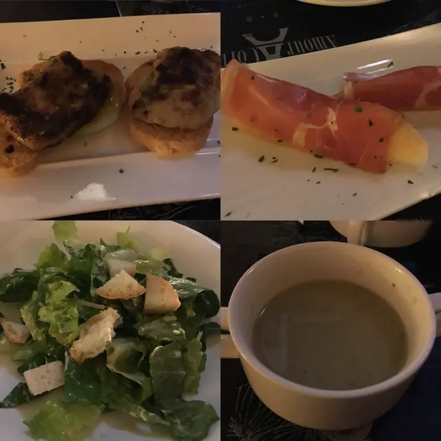 巴馬火腿伴哈密瓜、青蘋果鵝肝多士、凱撒沙津及蘑菇湯