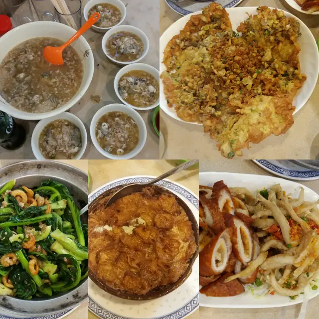 仔粥、炸餅、蝦乾炒菜苗、砵仔焗魚腸、椒鹽白飯魚併炸大腸