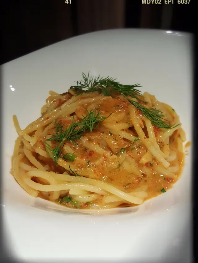 Spahgetti “Mancini” with Garlic, Oil, dry Bell pepper and Seabass Bottarga （$248）