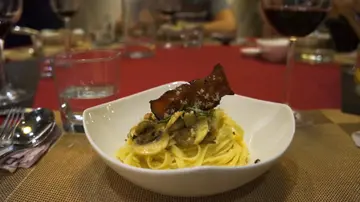 Bacon & mushrooms with home-made pasta