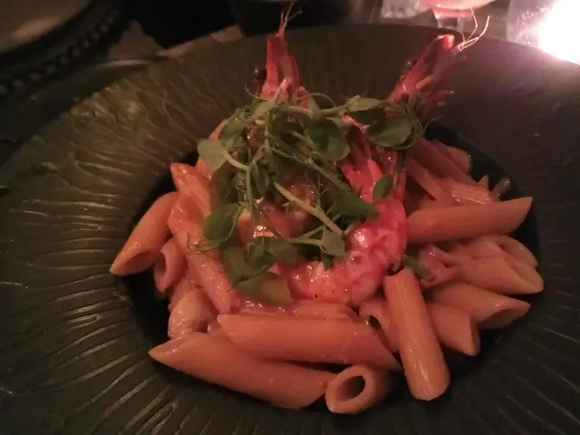 烤大蝦龍蝦汁長通粉Rosted prawn penne with lobster sauce (with mushroom,mixed pepper, tiger prawn )