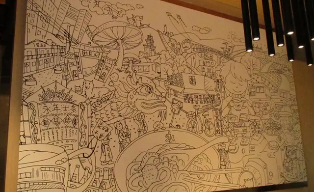 大型黑白線條繪圖畫上香港特色