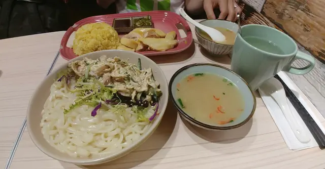 去骨海南雞飯，櫻花蝦湯，手撕雞烏冬