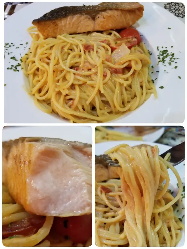 香煎三文魚 粉紅既廉汁意粉