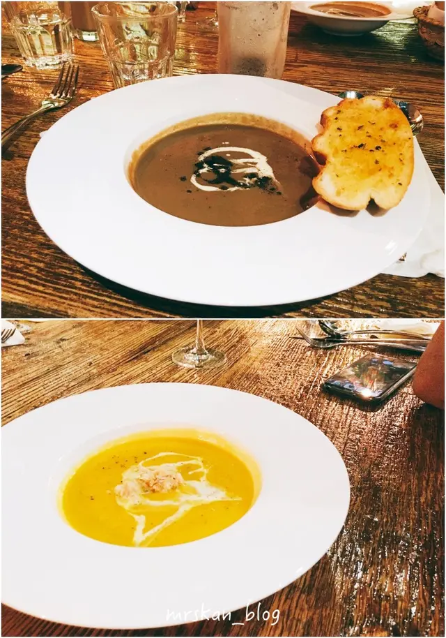 蟹肉南瓜湯，黑松露牛肝菌雜菌湯