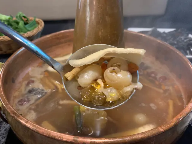 膠原蛋白美人鍋 - 湯底既材料有桃膠，桂圓肉，南棗，杞子，仲有原隻烏雞等等，