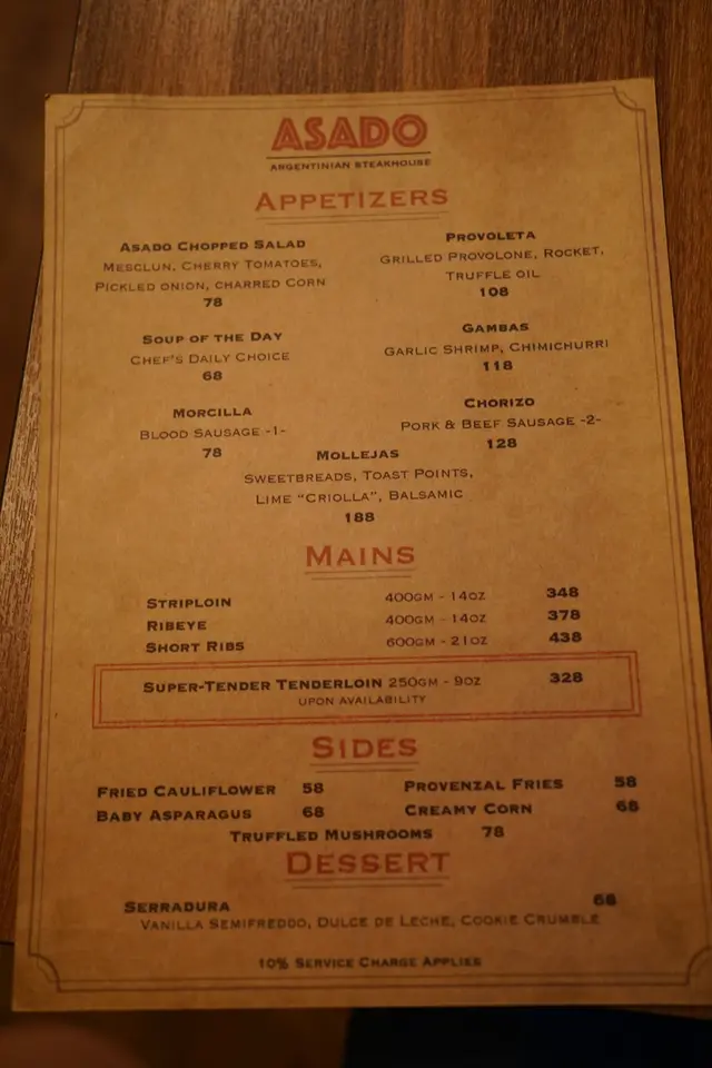 Dinner menu