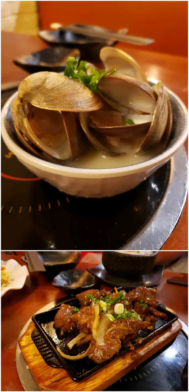 蒜香牛柳粒，濃湯煮蜆