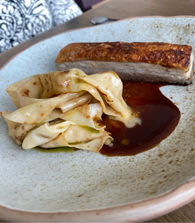 pork belly roasted with smoked butter sauce with celeriac noodles