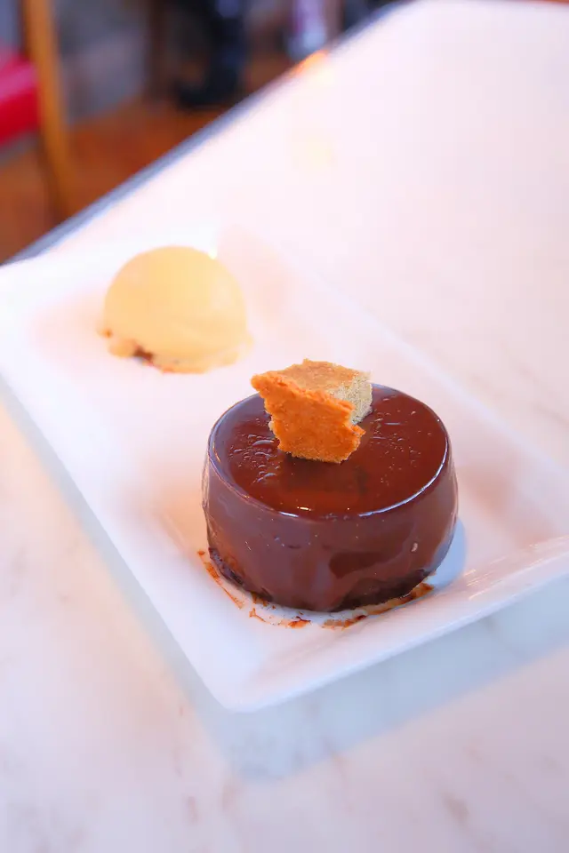 Milk chocolate delice, candied hazelnuts, salted caramel ice-cream