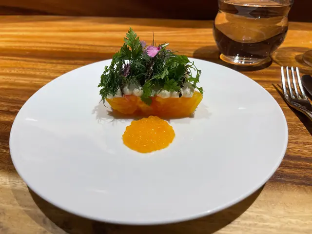 Pineapple  tomato  with  cod  roe,  linseed,  farm  offerings  