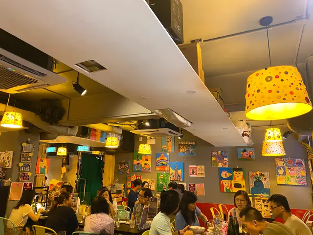 牆壁上掛滿色彩斑斕嘅油畫