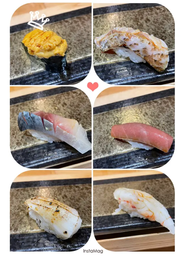 牡丹蝦,赤目魚, 鯖魚, 中toro, 海膽, 銀雪魚