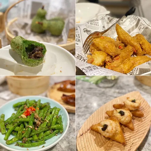 和牛啤梨 / 脆蝦多士 / 黃金冰茄 / 煸四季豆