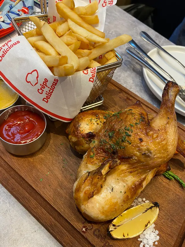 Roasted spring chicken with french fries