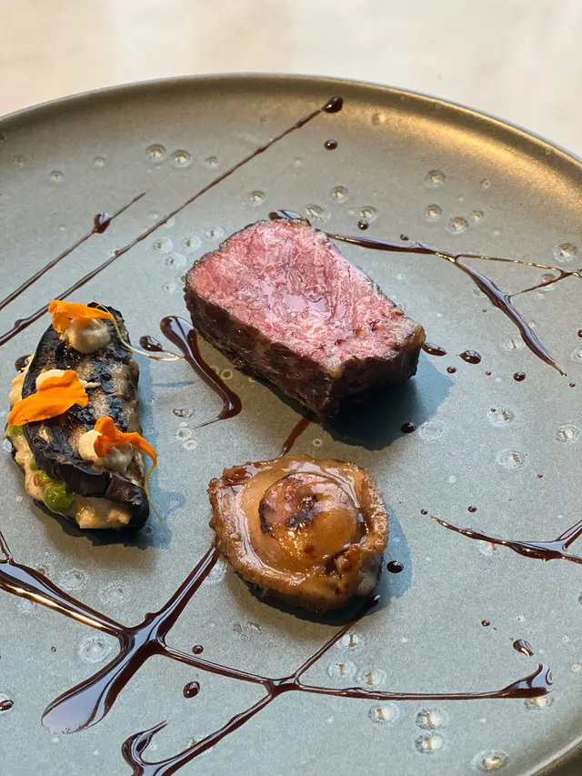 slow cooked 12 hours abalone dried shrimp A3 Kagoshima wagyu beef sirloin grilled aubergine
