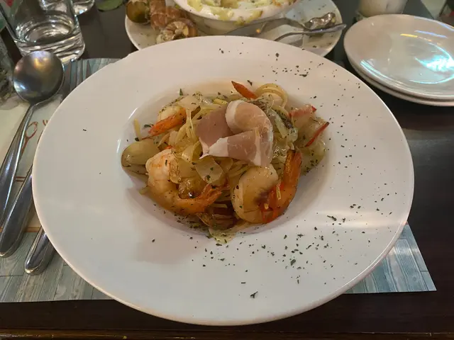 蒜片辣椒大蝦意大利麵配巴馬火腿