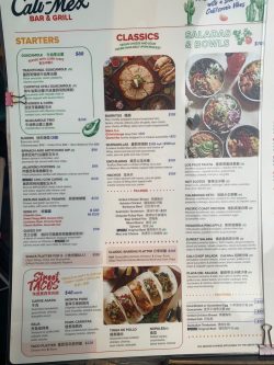 CALI-MEX BAR & GRILL (NORTH POINT), Hong Kong - Menu, Prices