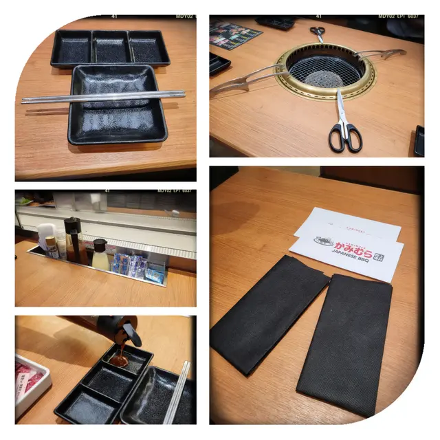 餐桌上有齊備嘅口罩套、圍裙、餐具、廚具及調味料