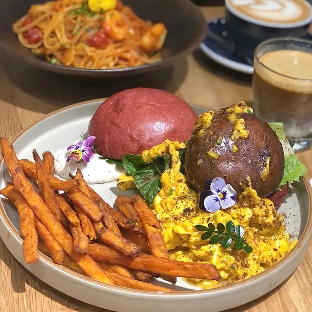 Baked Portobello with Black Truffle Scrambled Eggs Burger