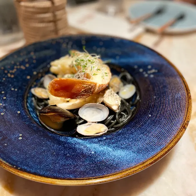 Grilled Lobster Squid Ink Pasta with Assorted Seafood 